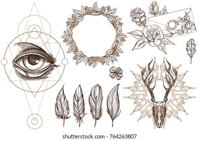 Arrows and flowers. A set of elements in the style of Boho. Contour illustrations for the creation of tattoos, coloring, clothing design and printed products.