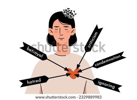 Arrows fly into the heart of a sad girl. Mental health of a person. Destruction of the face, hypersensitivity, resentment, condemnation.