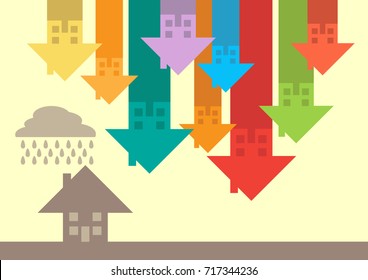 Arrows in the form of houses pointing down, a metaphor on a house price downturn.