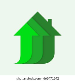 Arrows form the silhouette of a house, symbol of construction, growth of the housing market, vector illustration isolated on white background, green color, eco house