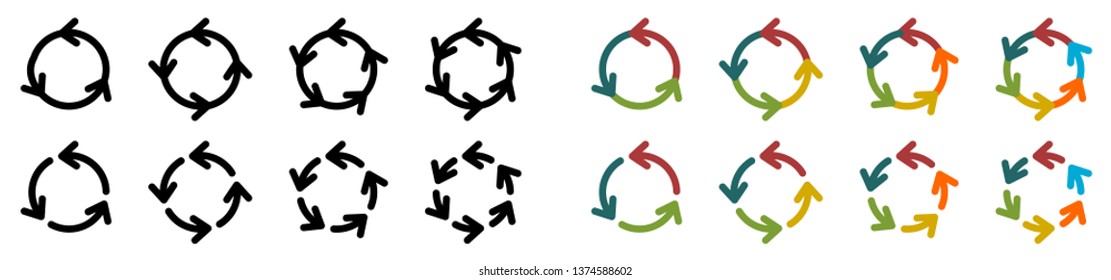 Arrows forming circle, version with three four five and six parts