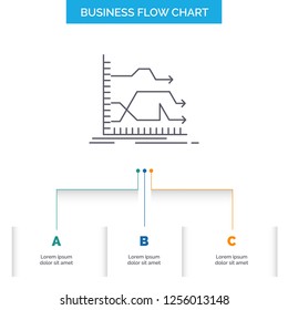 Arrows, forward, graph, market, prediction Business Flow Chart Design with 3 Steps. Line Icon For Presentation Background Template Place for text