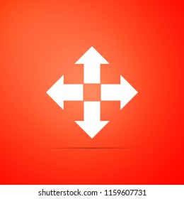 Arrows in four directions icon isolated on orange background. Flat design. Vector Illustration