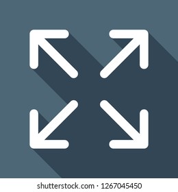 Arrows of four directions, linear icon. White flat icon with long shadow on blue background