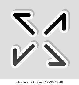 Arrows of four directions, linear icon. Sticker style with white border and simple shadow on gray background