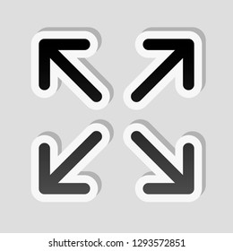 Arrows of four directions, linear icon. Sticker style with white border and simple shadow on gray background