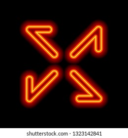 Arrows of four directions, linear icon. Orange neon style on black background. Light icon