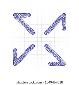Arrows of four directions, linear icon. Hand drawn sketched picture with scribble fill. Blue ink. Doodle on white background