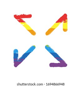 Arrows of four directions, linear icon. Drawing sign with LGBT style, seven colors of rainbow (red, orange, yellow, green, blue, indigo, violet