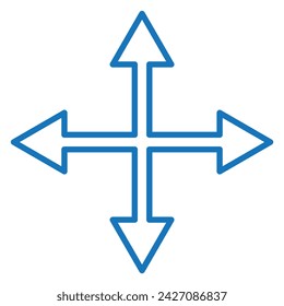 Flechas de cuatro direcciones, icono lineal. Símbolo negro sobre fondo transparente