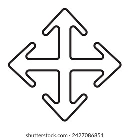 Flechas de cuatro direcciones, icono lineal. Símbolo negro sobre fondo transparente
