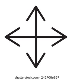 Flechas de cuatro direcciones, icono lineal. Símbolo negro sobre fondo transparente