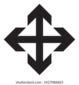 Flechas de cuatro direcciones, icono lineal. Símbolo negro sobre fondo transparente