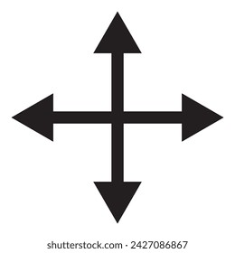 Flechas de cuatro direcciones, icono lineal. Símbolo negro sobre fondo transparente