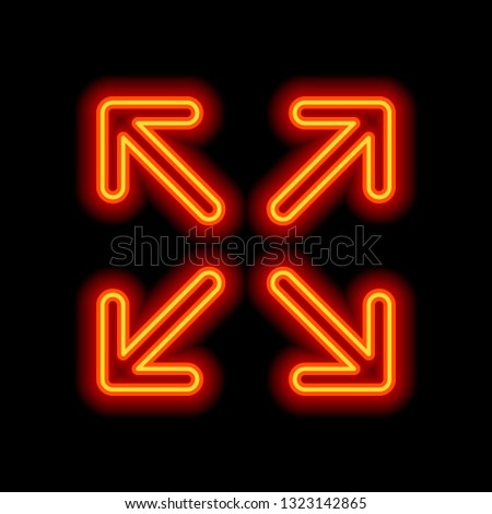 Arrows of four directions, linear icon. Orange neon style on black background. Light icon