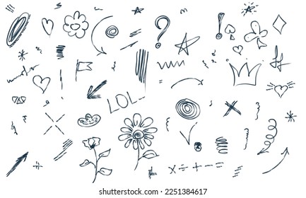 Arrows, frames, doodles, flowers, heart stars. Sketch set of cute doodles. Isolated line collection.