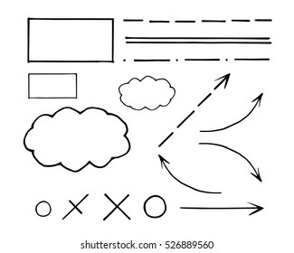 Arrows, frames, lines and cloud in and abstract doodle writing design set. Vector hand-written illustration.