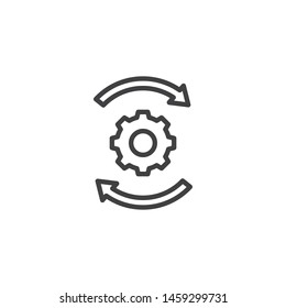 Arrows and gears line icon. linear style sign for mobile concept and web design. Workflow outline vector icon. Improvement, development symbol, logo illustration. Vector graphics
