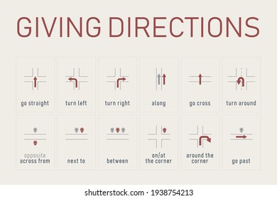 Arrows and Giving Directions. Vector Illustration of Different Arrow Signs Set. Educational English Grammar Explanation for Basic Language Learning