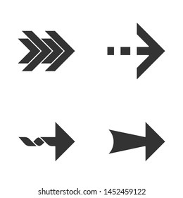 Arrows glyph icons set. Double, dotted, twisted next. Arrowhead showing right direction. Pointer, indicator. Direction move. Silhouette symbols. Vector isolated illustration