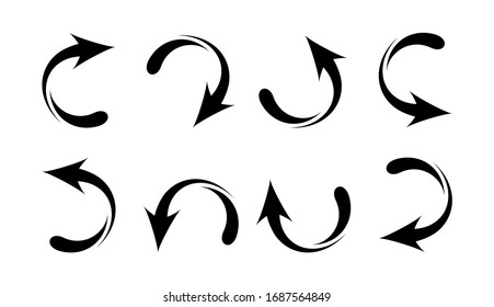 arrows graphic black isolated on white background, curved arrow black modern, illustration arrow sign for icon, clip art arrows black circle shape, vector