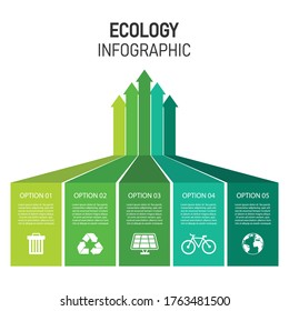 arrows up green ecology infographic with 5 element. sustainable and environmental friendly concept isolated on white background. vector illustration in flat design. can be used for presentation. 