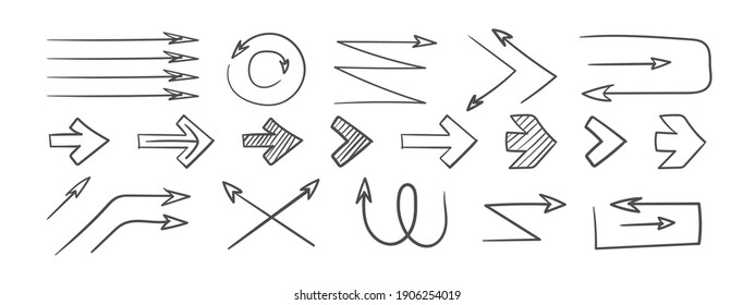 Pfeile. Grunge Pfeile. Handgezeichnete Pfeile. Satz vektorgeschwungener Pfeile. Sketch-Doodle-Stil. Vektorgrafik