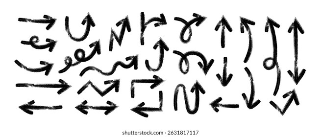 Setas no conjunto de estilo Grunge, pincel de seta Grunge desenhado, rabiscos esboçados à mão doodle ponteiros decorativos direção elemento design vetor coleção