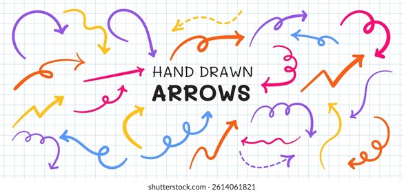 Arrows hand drawn brush lines in various style. Curved, zigzag, swirl, direction, arrows element vector illustration. Colorful sketch simple lines hand drawn arrows collection