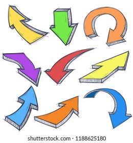 Arrows. Hand drawn colored doodles set. Vector illustration isolated on white background