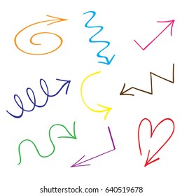 Arrows. Hand drawn colored arrows set. Vector illustration.