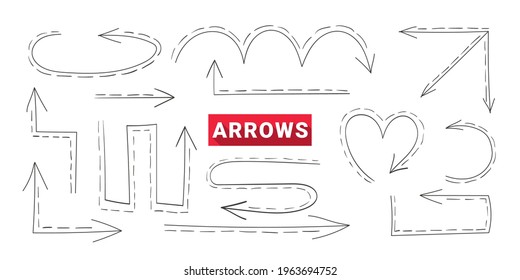 Arrows. Hand drawn arrows. Doodle curved arrow. Concept arrows set. Vector illustration