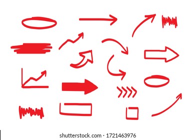 arrows Hand drawn doodle direction, red mark. Handmade sketch symbols set on a white background. vector illustration graphic design elements.