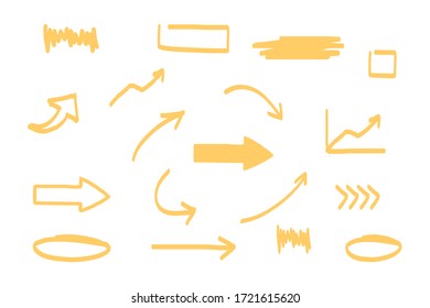 arrows Hand drawn doodle direction, yellow mark. Handmade sketch symbols set on a white background. vector illustration graphic design elements.