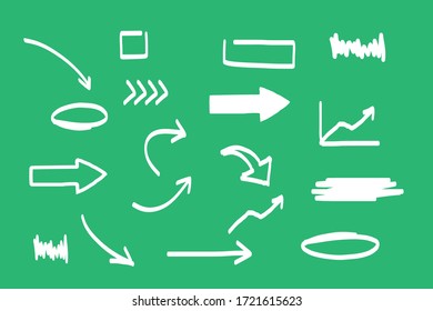 arrows Hand drawn doodle direction mark. Handmade sketch symbols set on a green background. vector illustration graphic design elements.