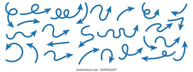 Arrows hand drawn doodle icons set. Curved cartoon arrows sketches collection. Flat and thin pointers illustrations. Scribble swirl arrow signs.