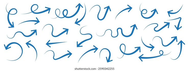 Arrows hand drawn doodle icons set. Curved cartoon arrows sketches collection. Flat and thin pointers illustrations. Scribble swirl arrow signs.