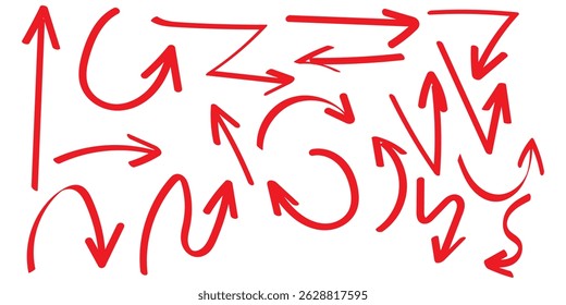 Arrows hand drawn doodle icons set. Curved cartoon arrows sketches collection. Flat and thin pointers illustrations. Scribble swirl arrow signs.