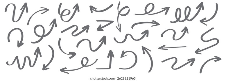 Arrows hand drawn doodle icons set. Curved cartoon arrows sketches collection. Flat and thin pointers illustrations. Scribble swirl arrow signs.