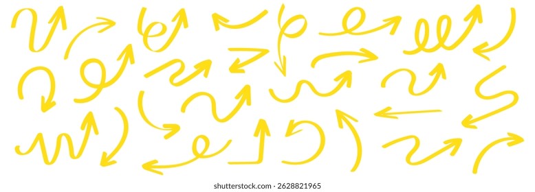 Arrows hand drawn doodle icons set. Curved cartoon arrows sketches collection. Flat and thin pointers illustrations. Scribble swirl arrow signs.