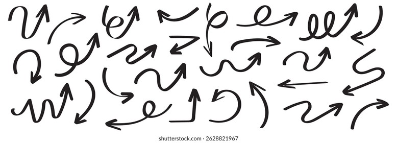 Arrows hand drawn doodle icons set. Curved cartoon arrows sketches collection. Flat and thin pointers illustrations. Scribble swirl arrow signs.
