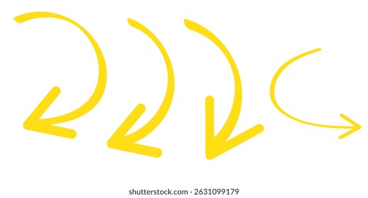 Setas desenhadas à mão ícones de rabiscar definido. Coleção de esboços de setas curvas de desenhos animados. Ilustrações de ponteiros planos e finos. Sinal de flecha em espiral.