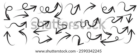 Arrows hand drawn doodle icons set. Curved cartoon arrows sketches collection. Flat and thin pointers illustrations. Scribble swirl arrow signs.
