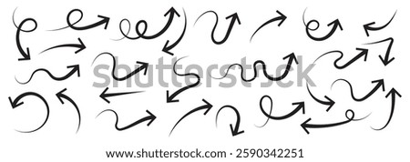 Arrows hand drawn doodle icons set. Curved cartoon arrows sketches collection. Flat and thin pointers illustrations. Scribble swirl arrow signs.