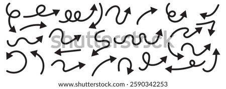 Arrows hand drawn doodle icons set. Curved cartoon arrows sketches collection. Flat and thin pointers illustrations. Scribble swirl arrow signs.