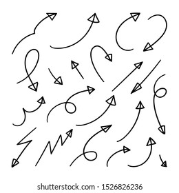 Arrows hand drawn doodle vector set. Sketch arrow design for application, banner, print screen, pen marks, map and typography design guide line.