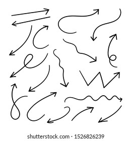 Arrows hand drawn doodle vector set. Sketch arrow design for application, banner, print screen, pen marks, map and typography design guide line.