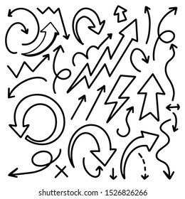 Arrows hand drawn doodle vector set. Sketch arrow design for application, banner, print screen, pen marks, map and typography design guide line.