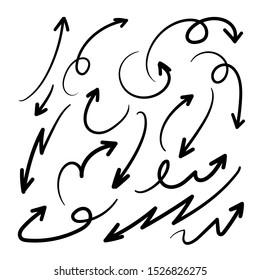 Arrows hand drawn doodle vector set. Sketch arrow design for application, banner, print screen, pen marks, map and typography design guide line.