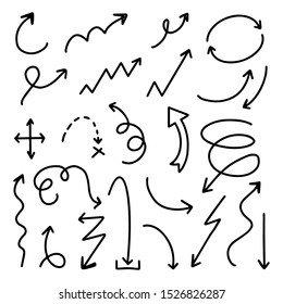 Arrows hand drawn doodle vector set. Sketch arrow design for application, banner, print screen, pen marks, map and typography design guide line.